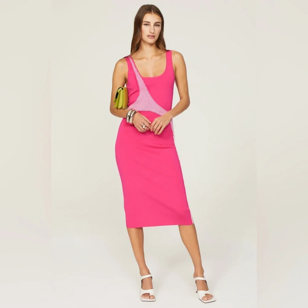 Esteban Cortazar Pink Varsity Knit Dress Bodycon Tank Midi Dress size XS